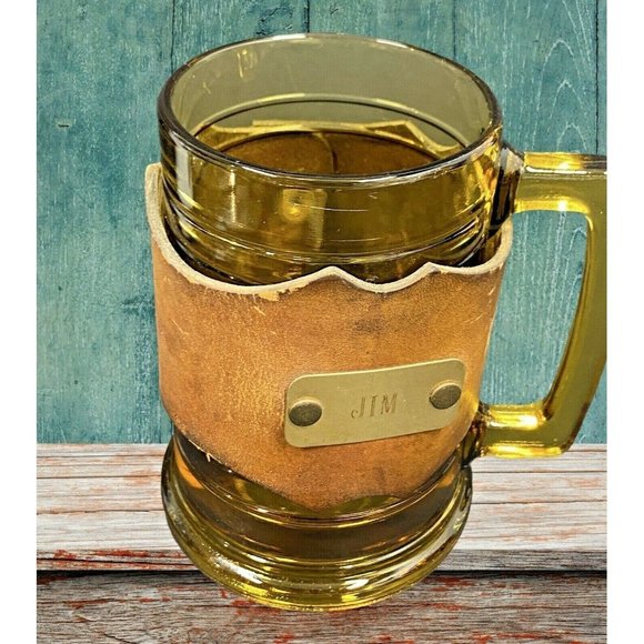 Vintage Amber Glass Mug Leather Snap Cover Wrap J - Picture 6 of 10